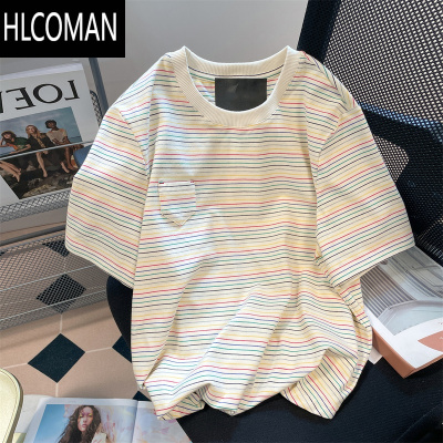HLCOMAN韩版复古彩色条纹正肩短袖T恤男女夏季小众chic港味打底上衣