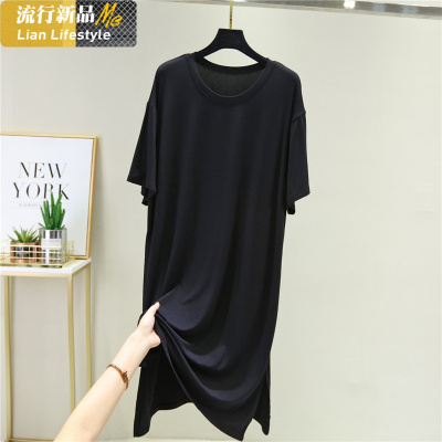 恋名媛2020莫代尔中长款性感简约T恤睡裙可外穿大码短袖过膝长T春夏薄款大码女装