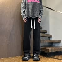 纯黑色系水洗做旧加绒休闲裤子男士宽松潮牌百搭美式高街直筒长裤