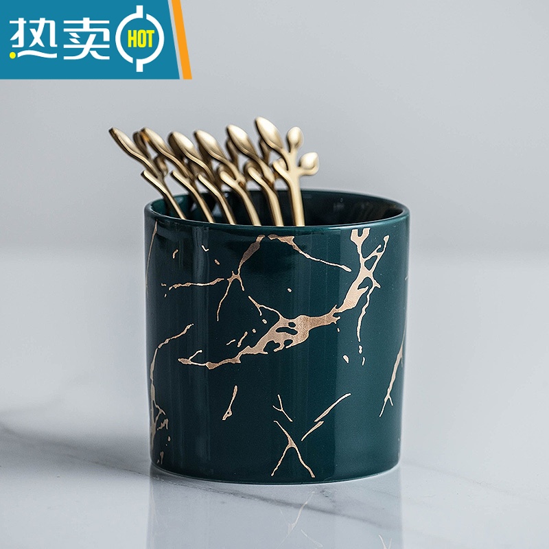 敬平北欧风格轻奢不锈钢水果叉子家用小吃插果叉创意收纳罐水果签套装 金纹(绿)罐一个+6根树叶叉