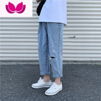 七斓韩版复古ins破洞牛仔裤男潮牌夏天宽松直筒裤潮流痞帅小脚九分裤