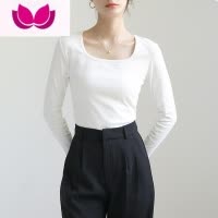 七斓大U方领白色打底衫女内搭长袖t恤露锁骨纯欲奶系紧身上衣