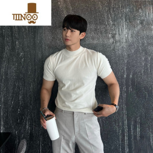 YANXU半高领针织短袖t恤男士美式纯色感潮修身夏季体恤半袖打底衫