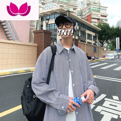 七斓条纹衬衫春季男港风日系复古长袖衬衣韩版潮流宽松休闲百搭上衣服