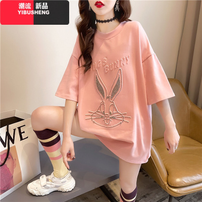 YIBUSHENG2021新款卡通短袖t恤女韩版宽松夏季洋气中长款百搭上衣大码女装