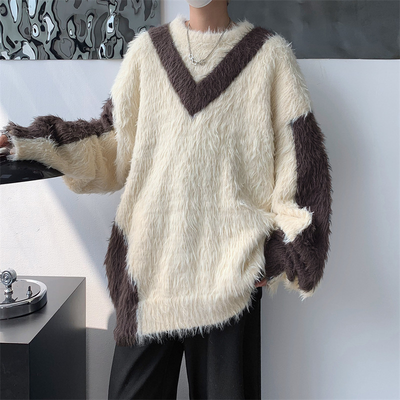 男装青春流行冬季新款美式高街水洗仿貂毛套头时尚百搭港风针织衫