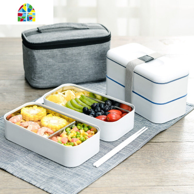 封后304不锈钢保温饭盒上班族可微波炉加热便携学生分隔便当餐盒套装 粉色2层(可微波炉加热)(收藏加购送保温袋+餐具套装