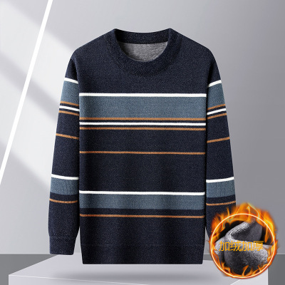 冬季加绒加厚保暖针织衫圆领日常休闲加绒条纹毛衫打底衫青年男装