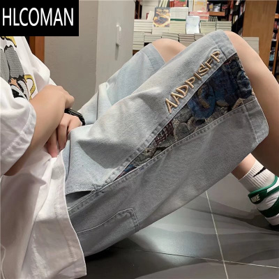 HLCOMAN牛仔短裤男夏季ins潮牌五分裤子小熊国潮复古宽松直筒松紧腰中裤