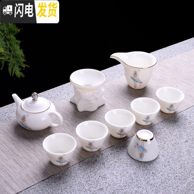 三维工匠德化白瓷羊脂玉瓷茶具套装手绘描金家用三才盖碗功夫茶具礼盒套装 蓝色神灯壶斗笠杯茶具礼盒装适合送礼