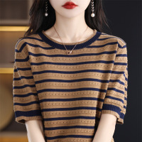 镂空针织衫女薄款短袖T恤夏季新款圆领条纹短款100棉线外穿上衣批