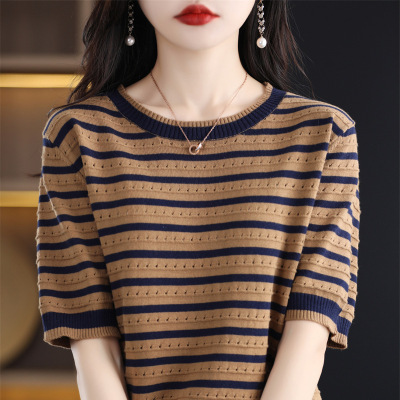 镂空针织衫女薄款短袖T恤夏季新款圆领条纹短款100棉线外穿上衣批