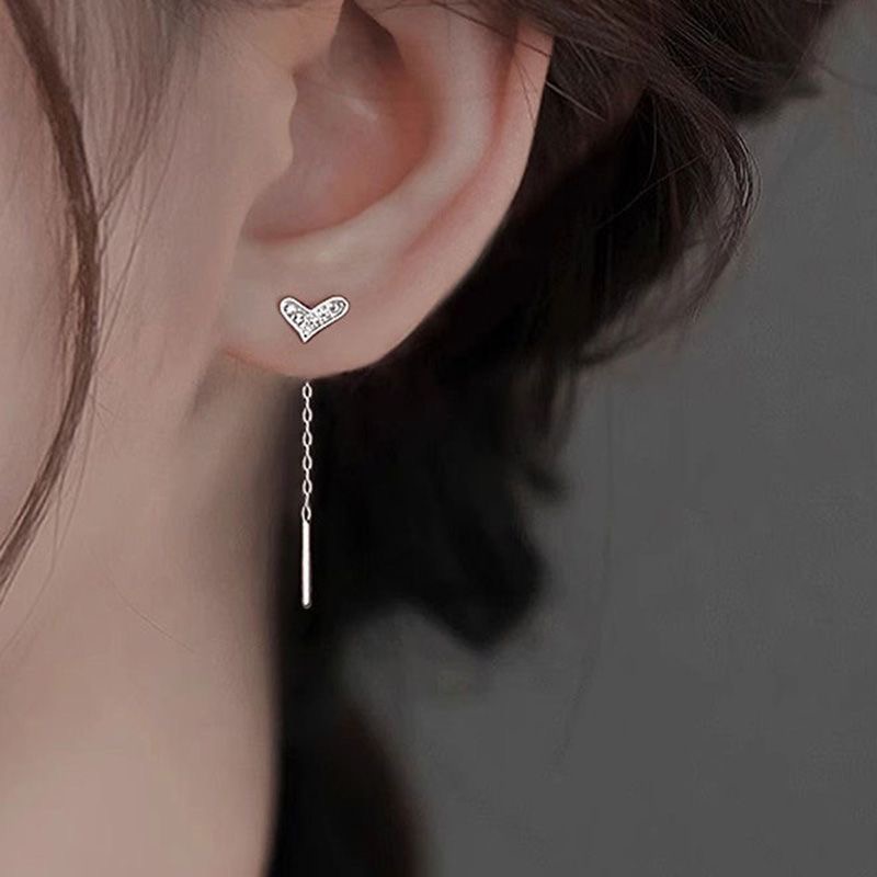 s925银闪钻爱心耳线女气质时尚小众设计流苏耳链高级感精致耳饰送女朋友老婆情人节七夕生日礼物
