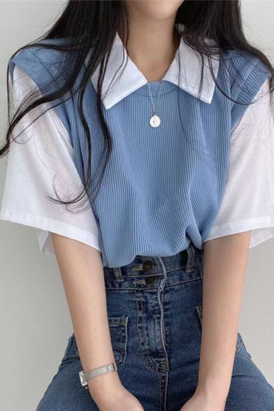 polo翻领假两件学院风撞色短袖T恤女夏季假两件宽松休闲上衣女装