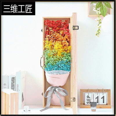 满天星干花花束礼盒永生花生日礼品情人节送女生朋友毕业七夕礼物三维工匠pro彩色满天星(红橙黄绿蓝）+木质礼盒+LED