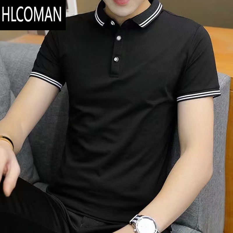 HLCOMAN男士短袖衫冰丝t恤韩版修身青年翻领纽扣潮流体恤立领上衣服