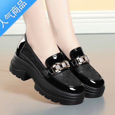 SUNTEK春夏新款小码厚底乐福鞋亮皮单鞋轻便网面透气女鞋粗跟一脚蹬皮鞋