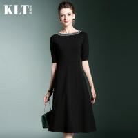 2018新款欧美女装连衣裙黑色收腰显瘦中长裙优雅气质小黑裙礼服裙黑色