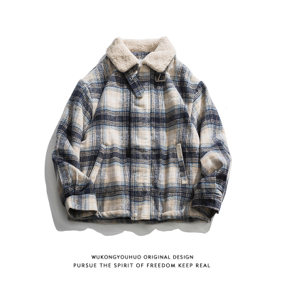 NEWLAKE冬季潮牌羔毛格子短款棉衣男宽松加厚保暖情侣棉服外套棉衣