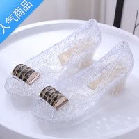 SUNTEK2023新款鱼嘴鞋女士坡跟水晶塑胶凉鞋镂空透气防滑夏季百搭果冻鞋