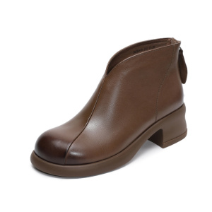 秋新款百搭小牛皮切尔西靴低帮真皮马丁靴短筒后拉链粗跟单靴