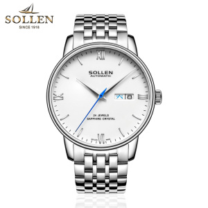 梭伦(SOLLEN)手表男士新款正品自动机械表太阳纹防水超薄时尚休闲商务品质精钢双日历男表SL-9020
