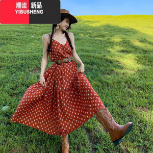 YIBUSHENG波西米亚波点吊带连衣裙日落裙新疆旅游穿搭复古长裙度假裙子女