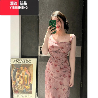YIBUSHENG大码法式高级感粉色碎花吊带连衣裙女微胖mm温柔甜美气质显瘦长裙