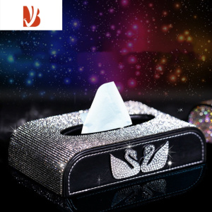 三维工匠汽车家用精致纸巾盒镶钻女餐巾纸盒车载创意抽纸盒纸巾套皮革时尚 双天鹅透明钻+大防滑垫+纸巾