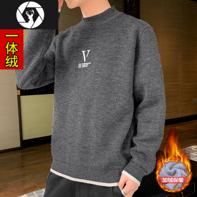 HongZun男士圆领毛衣加绒加厚保暖线衣2020秋冬季新款潮流休闲时尚针织衫毛衣