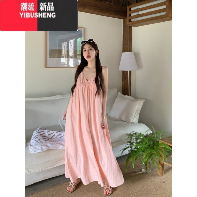 YIBUSHENG度假风吊带连衣裙女季设计感褶皱宽松显瘦A字裙长裙子