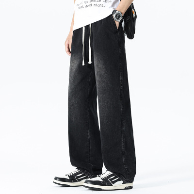 暗黑风渐变拖地牛仔裤 男士抽绳腰头裤 宽松阔腿水洗做旧长裤