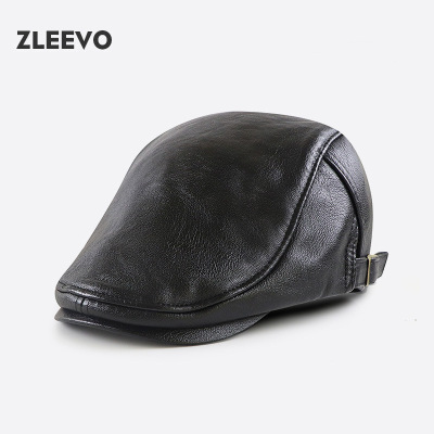 纯色光板PU皮前进帽简约百搭男女复古鸭舌帽时尚画家帽保暖复合绒