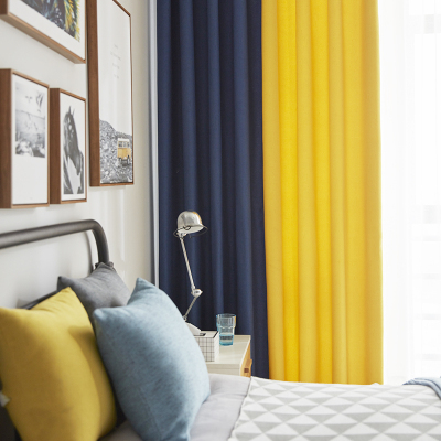 美帮汇北欧风格现代简约客厅卧室遮光撞色棉麻布料拼接成品飘窗窗帘