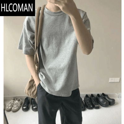 HLCOMAN花灰色美式三本针t恤男夏季小领口正肩短袖内搭半袖上衣