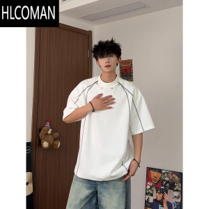 HLCOMAN白色解构拼接条纹t恤男夏季设计感小众正肩短袖美式高街半袖