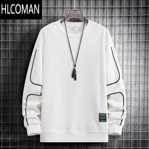HLCOMAN圆领卫衣潮牌男款加绒长袖白色t恤加肥加大码胖子男士上衣服