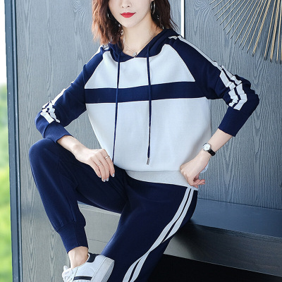 珂卡慕(KEKAMU)洋气卫衣运动套装女运动服2020新款休闲运动服冰丝针织25-35周岁藏青色M