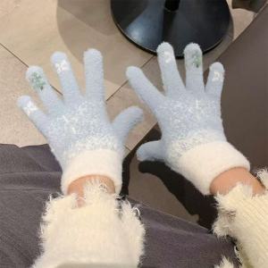 可爱雪花圣诞树露指触屏毛绒针织五指手套女冬季保暖加绒加厚防寒3759A