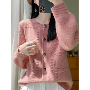 秋冬新款圆领羊毛针织开衫女时尚羊毛休闲减龄软糯厚毛衣上衣外套