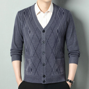 秋冬新款花纹长袖开衫中年加厚商务开衫外套秋冬针织男式羊毛衫