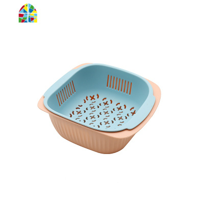 双层洗菜篮家用厨房水果篮菜篮子大号收纳架塑料圆形洗菜盆 FENGHOU 双层大号墨绿+浅绿(食品级材料)