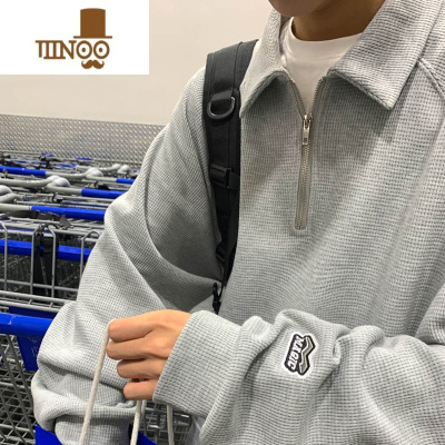 YANXU日系华夫格卫衣男美式复古Polo衫翻领刺绣半拉链外套oversize