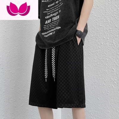 七斓冰丝棋盘格短裤男夏季ins直筒宽松大裤衩运动休闲薄款五分裤子潮