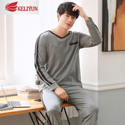 可莉允男士睡衣春秋棉长袖套头加厚休闲秋冬款中年男式青年家居服套装睡衣