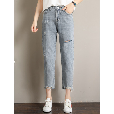 依蓝圣雪2019夏季大码女装胖妹妹裤子磨破休闲牛仔裤洋气宽松文艺