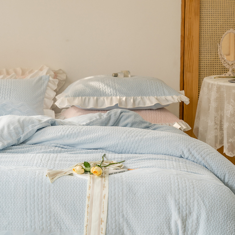 320g!公主风冬天牛奶绒四件套少女心花边被套保暖珊瑚绒床上用品