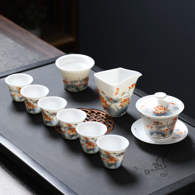 MULTIPOTENT整套功夫茶具套装中国白玉瓷盖碗套组满堂荷趣精美伴手礼盒