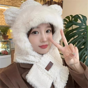 可爱小熊帽子围巾一体女冬季新款加厚保暖护耳防寒骑行毛绒帽