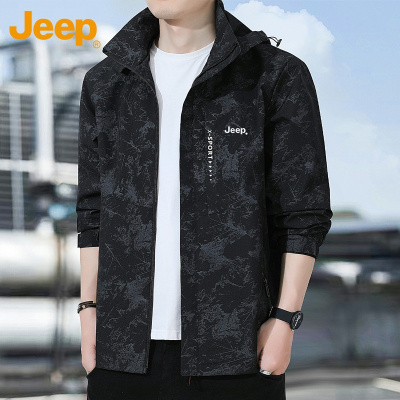 Jeep吉普防风夹克男士黑色上衣2025年秋季新款美式运动带帽外套男